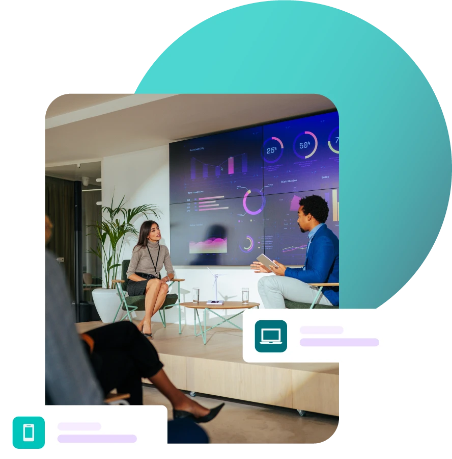 Conference stage interview between man and lady