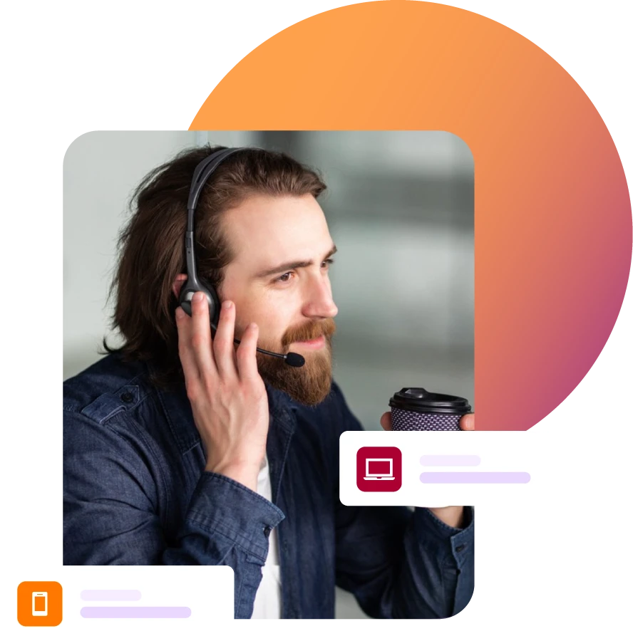 Man with headset drinking coffee